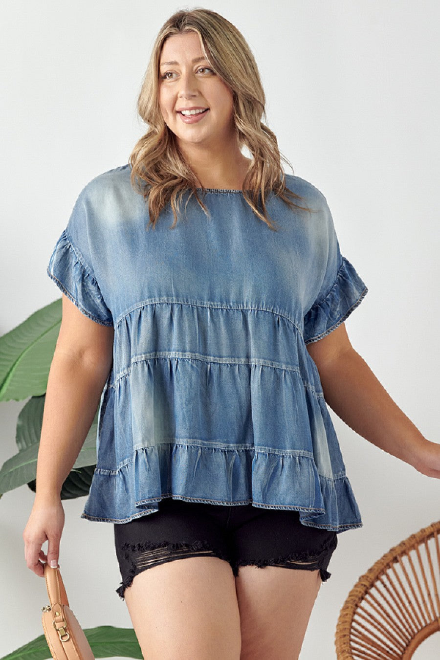 Denim Babydoll Ruffle Top