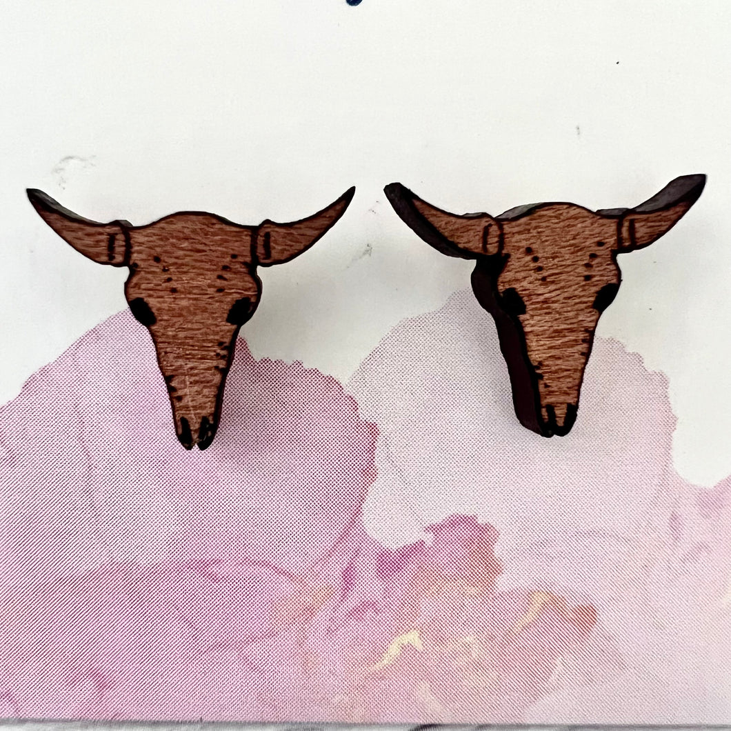 Longhorn Skull Wood Stud Earrings