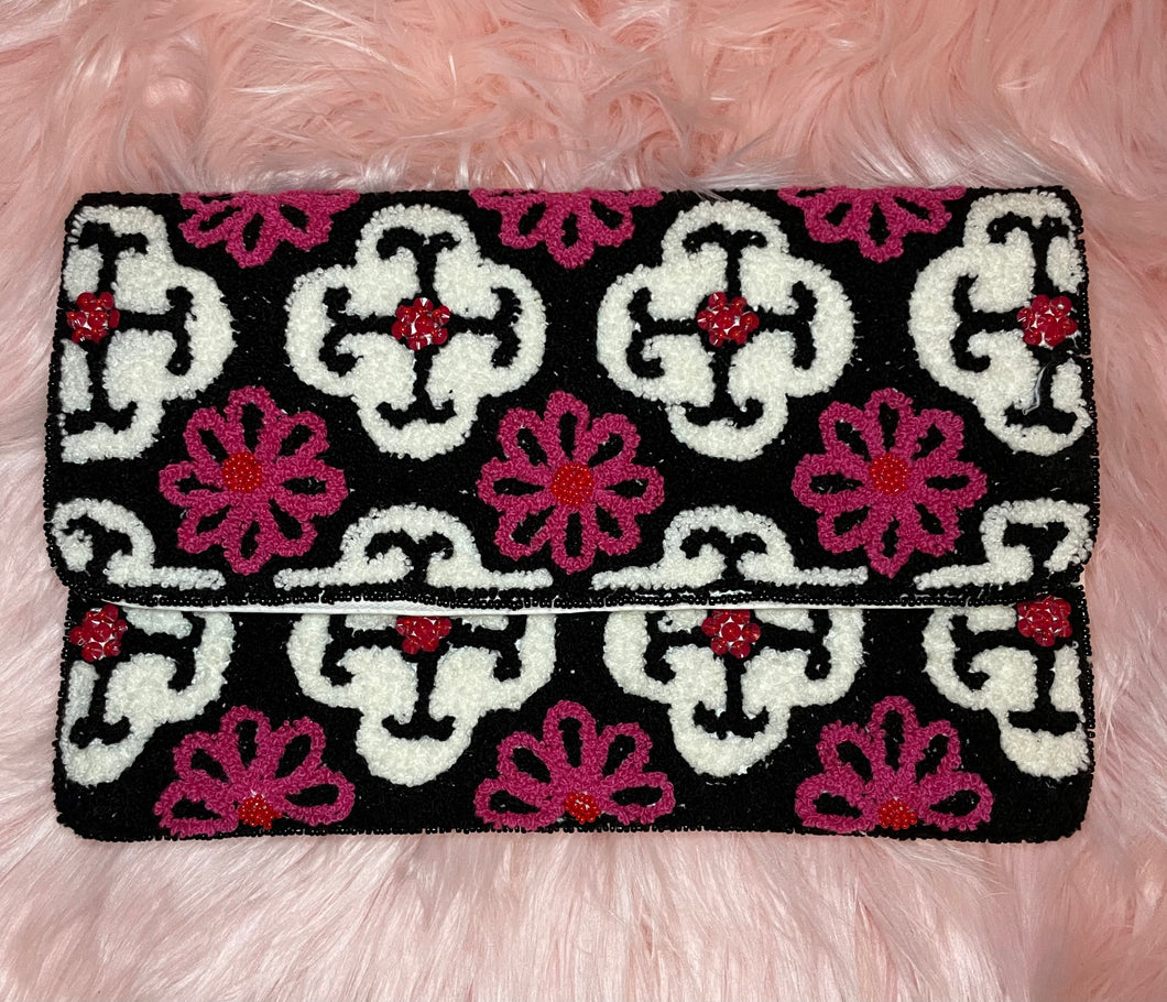 FUSCHIABLACK Floral Beaded Clutch